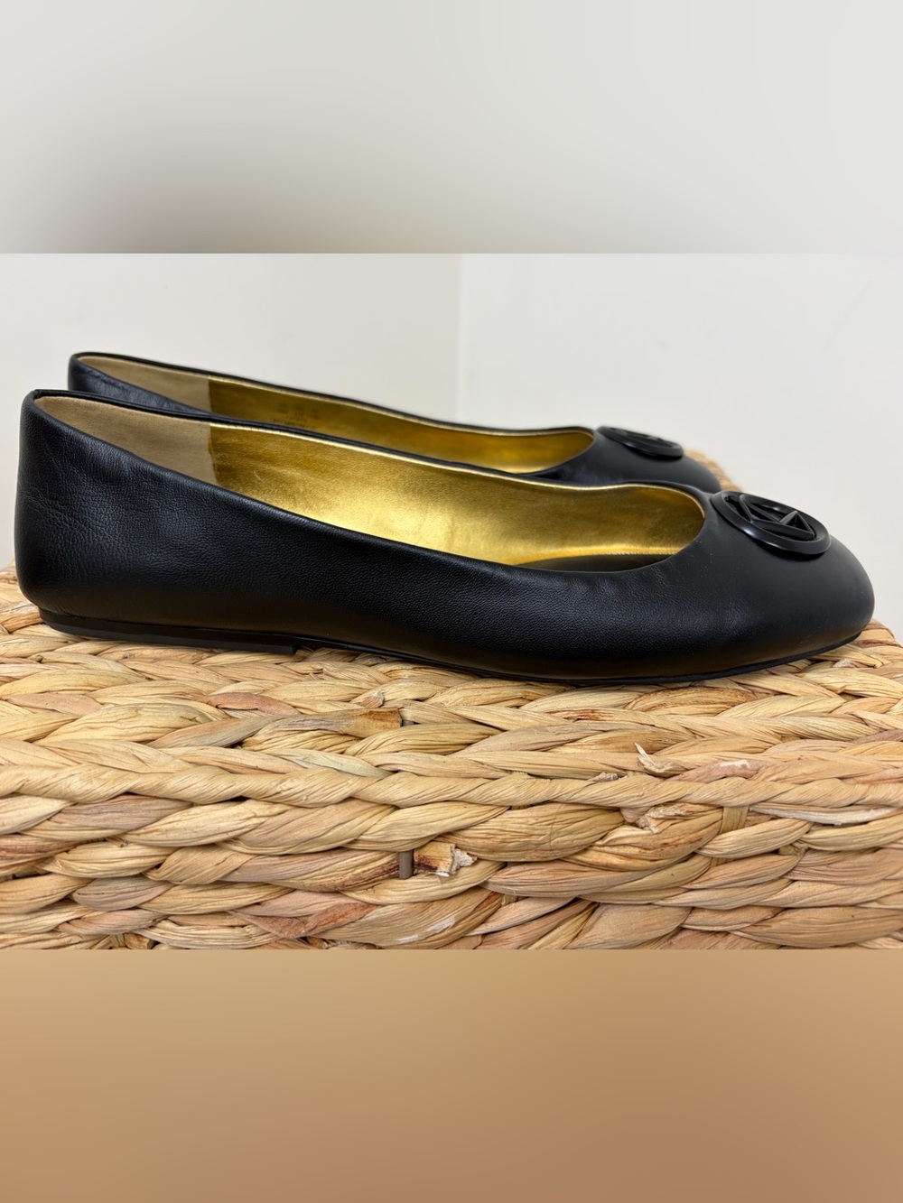 Donna Karan Black Leather Ballet Flats with Gold Interior and Logo Accent